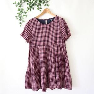 Madewell Short-Sleeve Tiered Mini Dress in Gingham Check Purple Blue Size Large